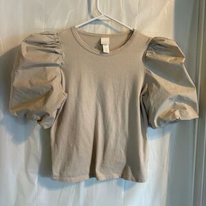 H&M Puff Sleeve Blouse‎ Medium Tan Beige Cottagecore Peasant Romantic Lagenlook